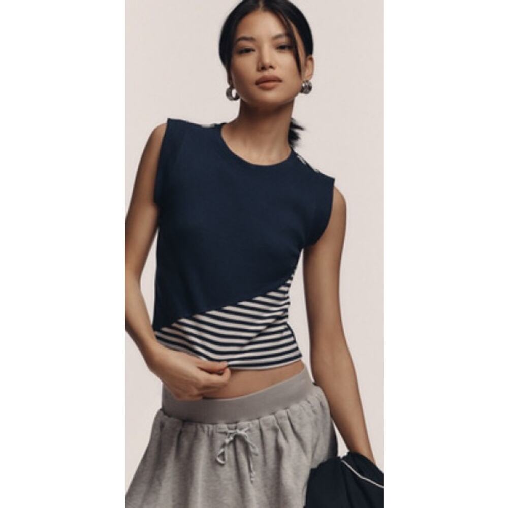 Maeve Anthropologie Knit Top Size Large Blue Stripe Sleeveless Muscle Sweater